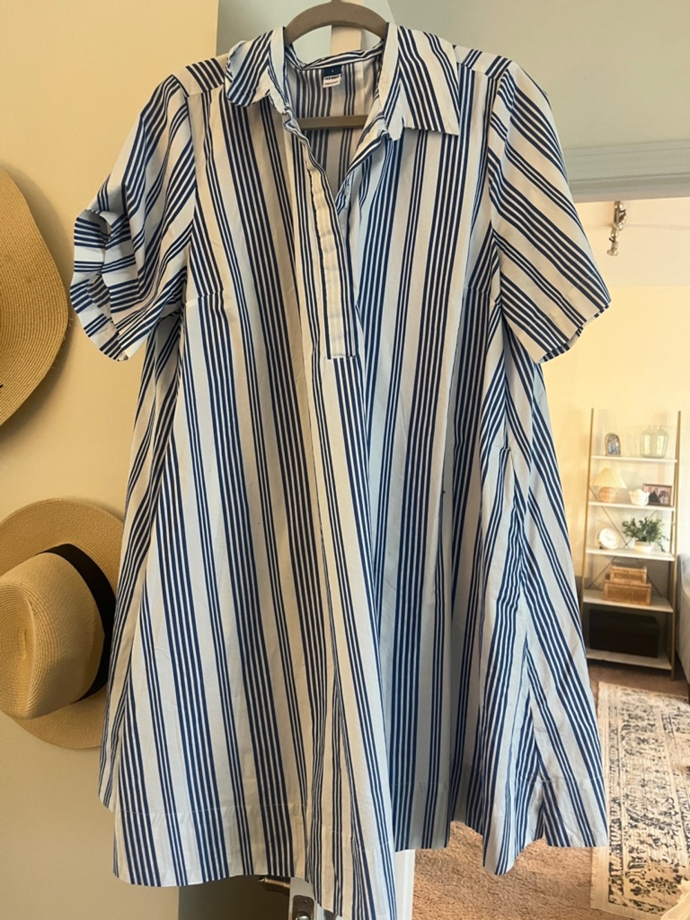 Old Navy Blue and White Striped Short-Sleeve Shirt Dress